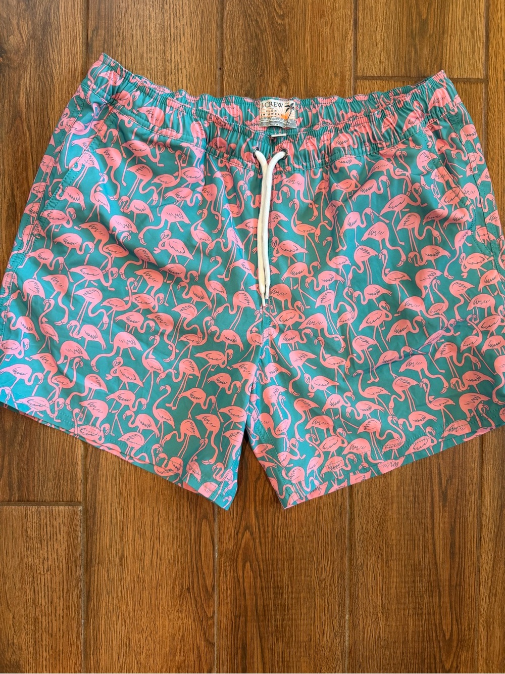 J. Crew Men’s Pink Flamingo Print Swim Shorts 6” pockets - Pink/Teal / large